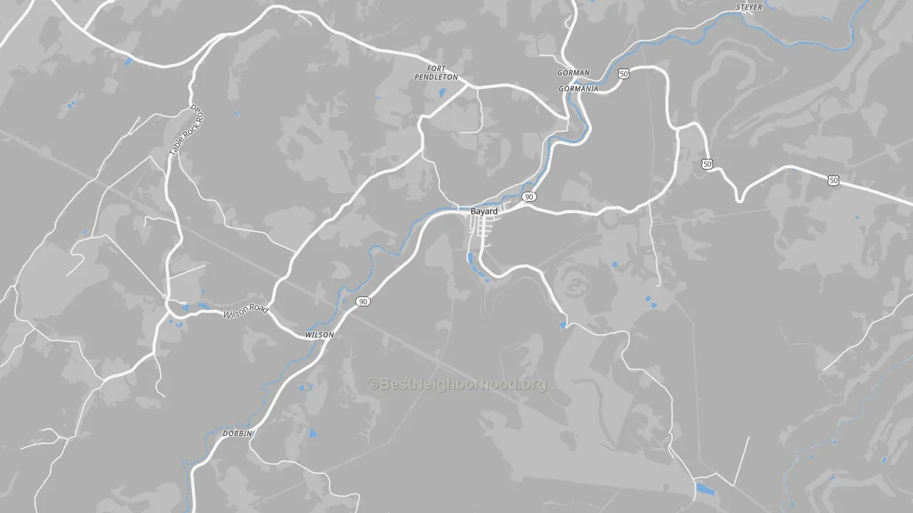 Walk Grade map of 26707, WV, walkable areas in green and car-dependent areas in red