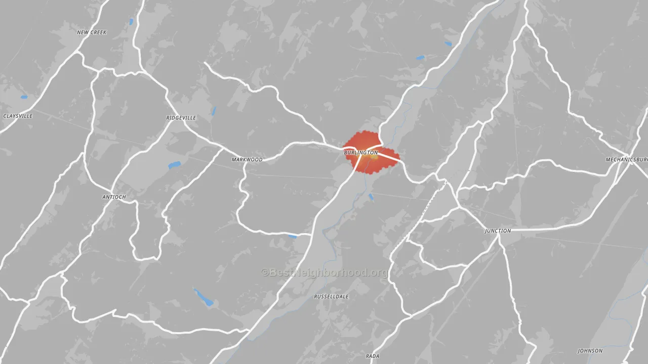 Walk Grade map of 26710, WV, walkable areas in green and car-dependent areas in red