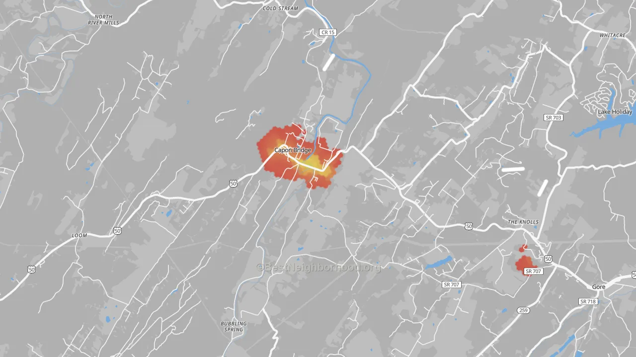 Walk Grade map of 26711, WV, walkable areas in green and car-dependent areas in red