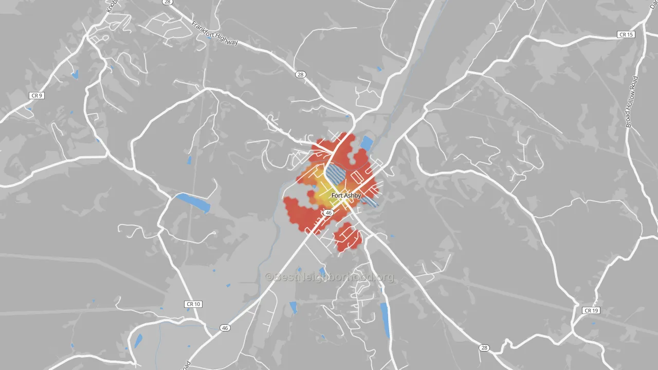 Walk Grade map of 26719, WV, walkable areas in green and car-dependent areas in red