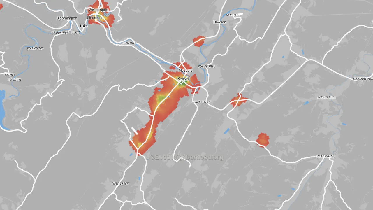 Walk Grade map of 26726, WV, walkable areas in green and car-dependent areas in red