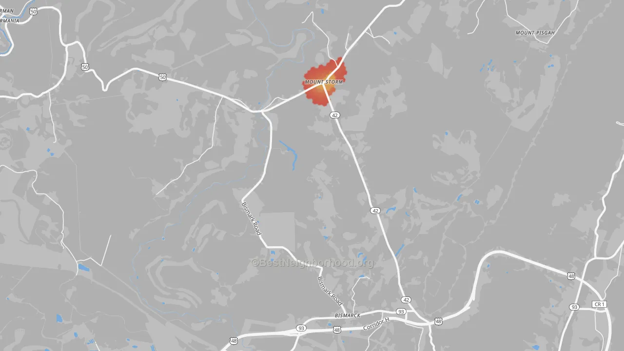 Walk Grade map of 26739, WV, walkable areas in green and car-dependent areas in red