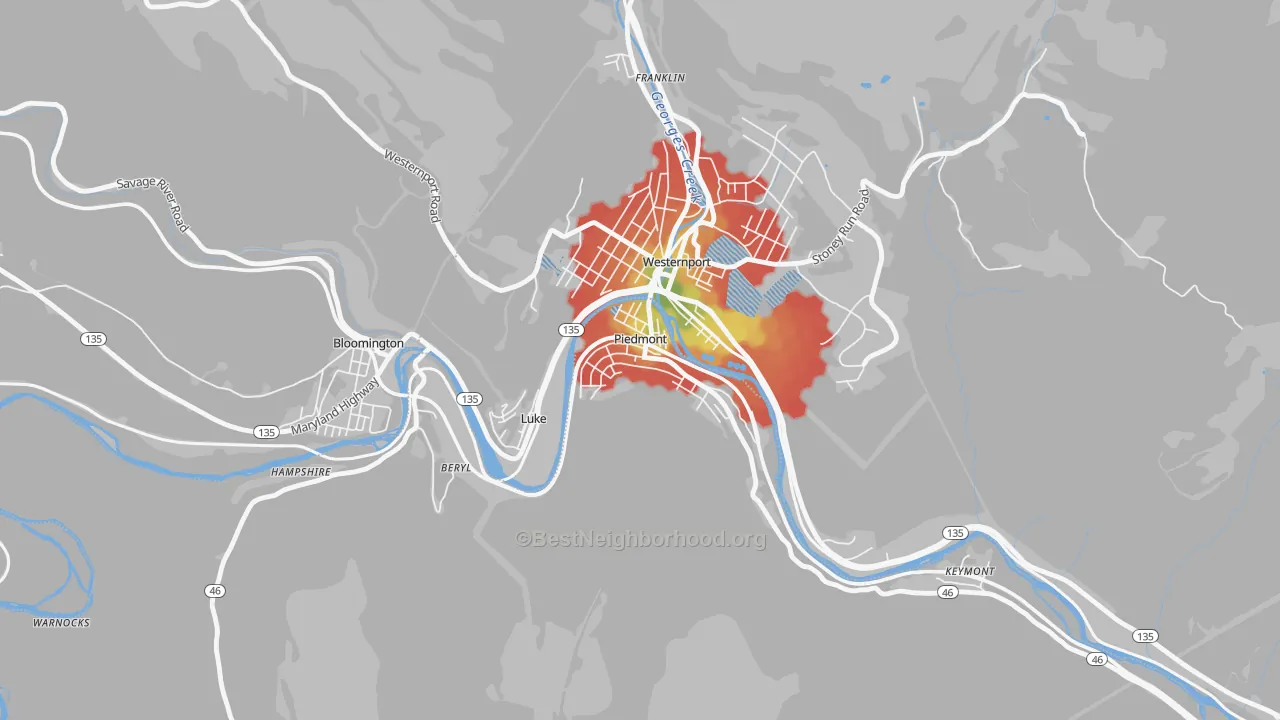 Walk Grade map of 26750, WV, walkable areas in green and car-dependent areas in red