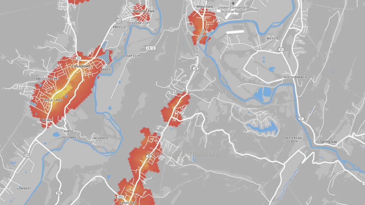 Walk Grade map of 26753, WV, walkable areas in green and car-dependent areas in red