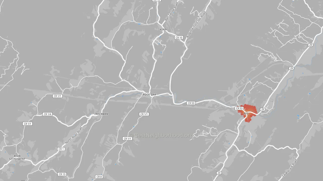Walk Grade map of 26755, WV, walkable areas in green and car-dependent areas in red