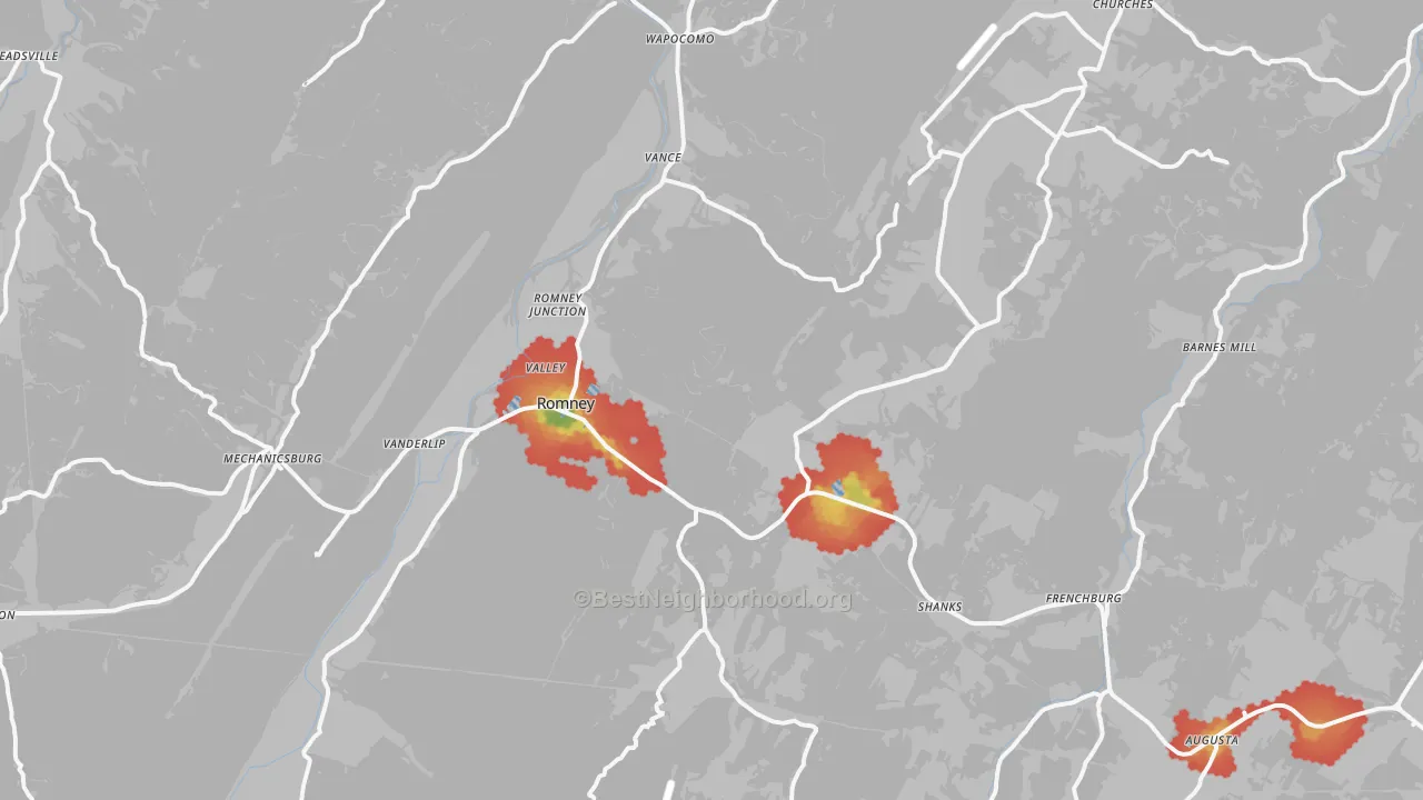 Walk Grade map of 26757, WV, walkable areas in green and car-dependent areas in red
