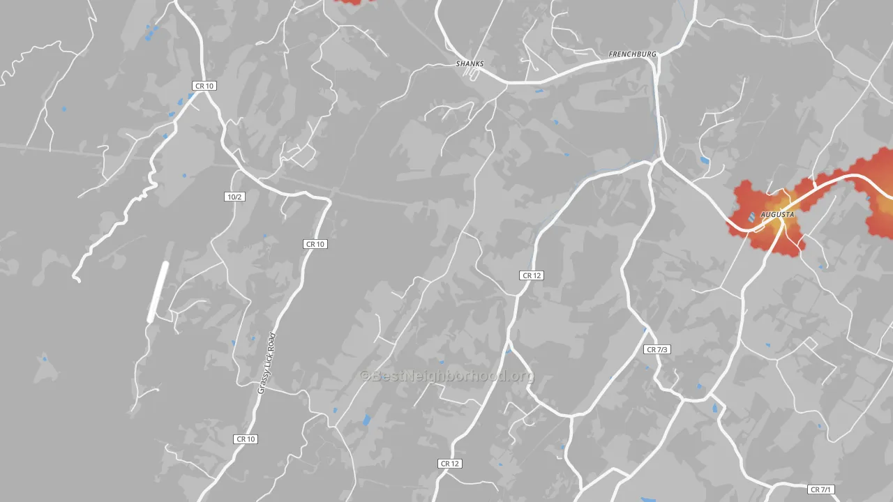Walk Grade map of 26761, WV, walkable areas in green and car-dependent areas in red