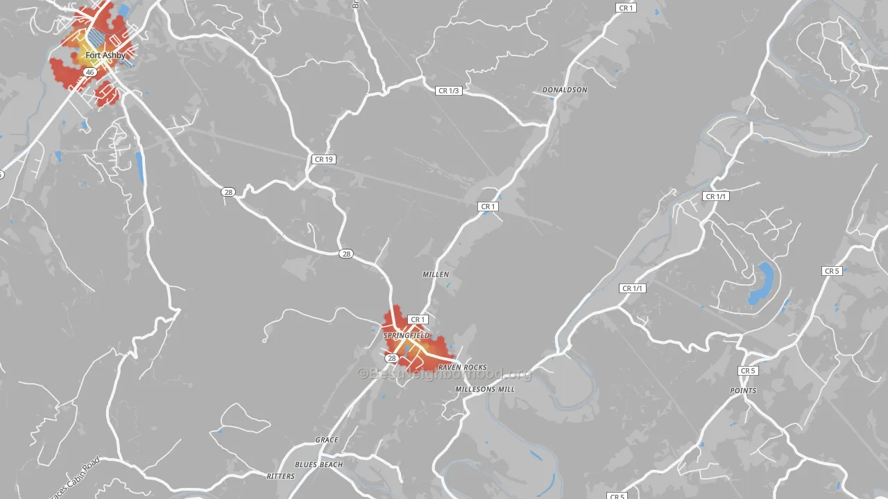 Walk Grade map of 26763, WV, walkable areas in green and car-dependent areas in red