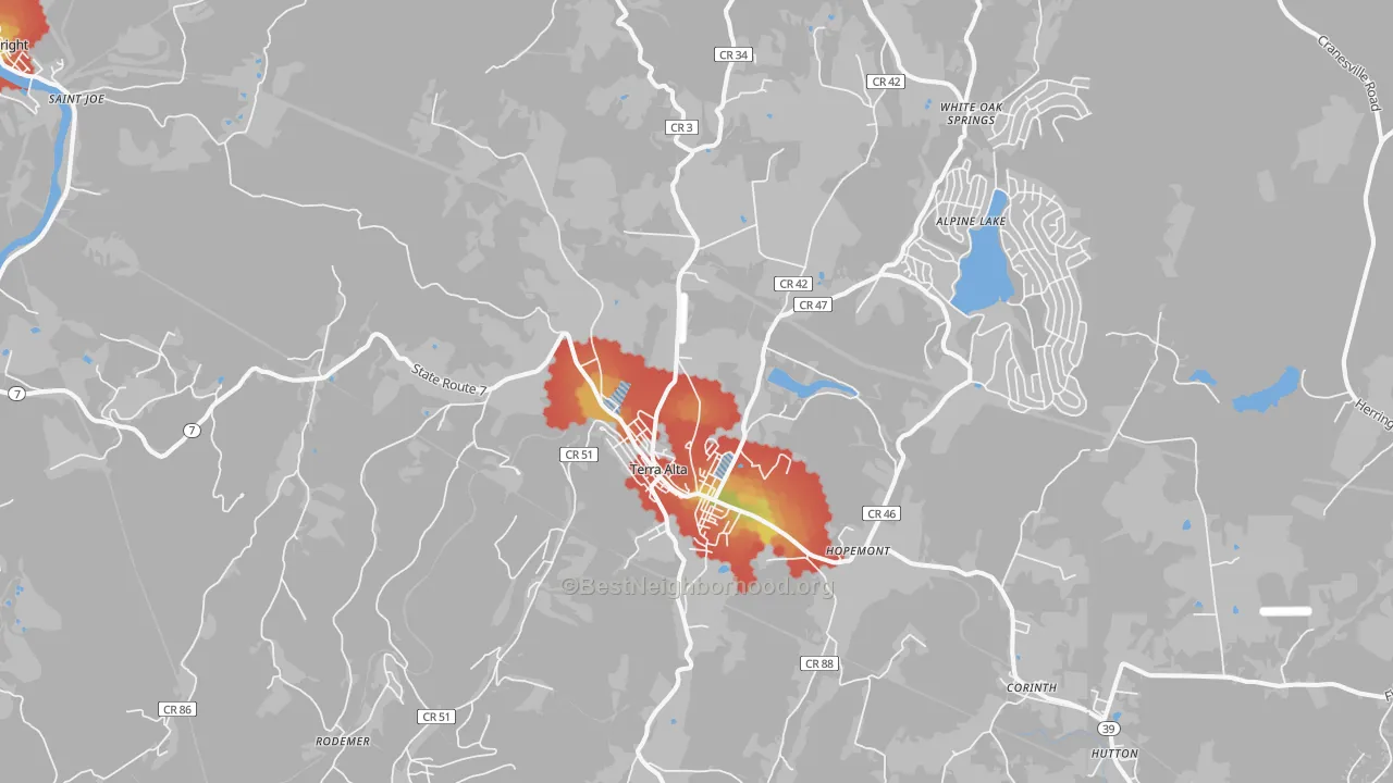 Walk Grade map of 26764, WV, walkable areas in green and car-dependent areas in red