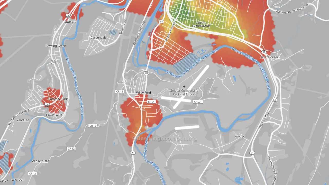 Walk Grade map of 26767, WV, walkable areas in green and car-dependent areas in red