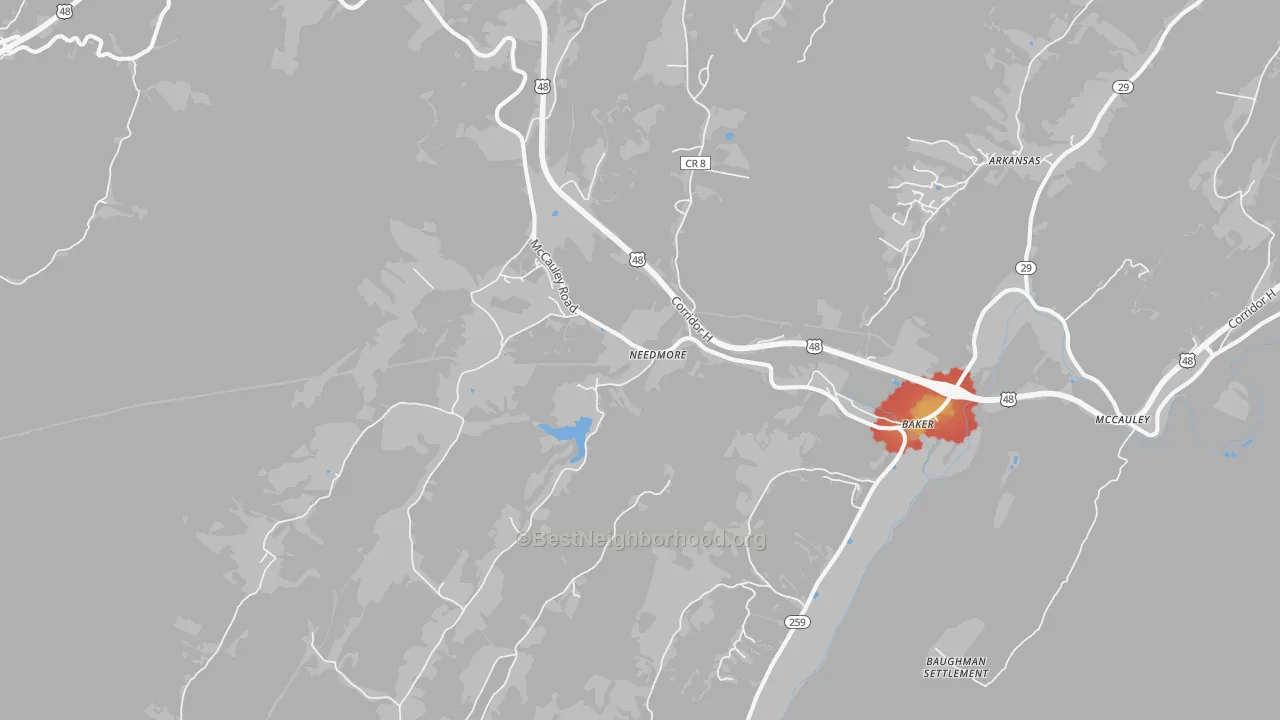 Walk Grade map of 26801, WV, walkable areas in green and car-dependent areas in red
