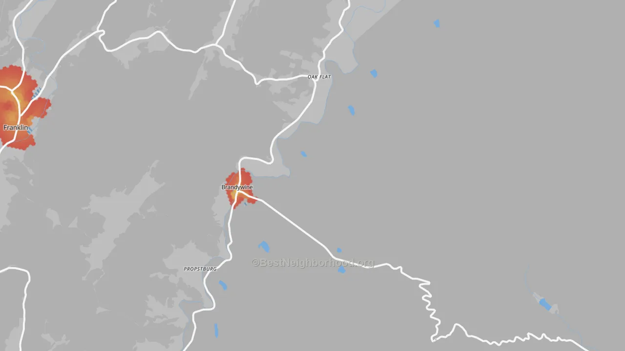 Walk Grade map of 26802, WV, walkable areas in green and car-dependent areas in red