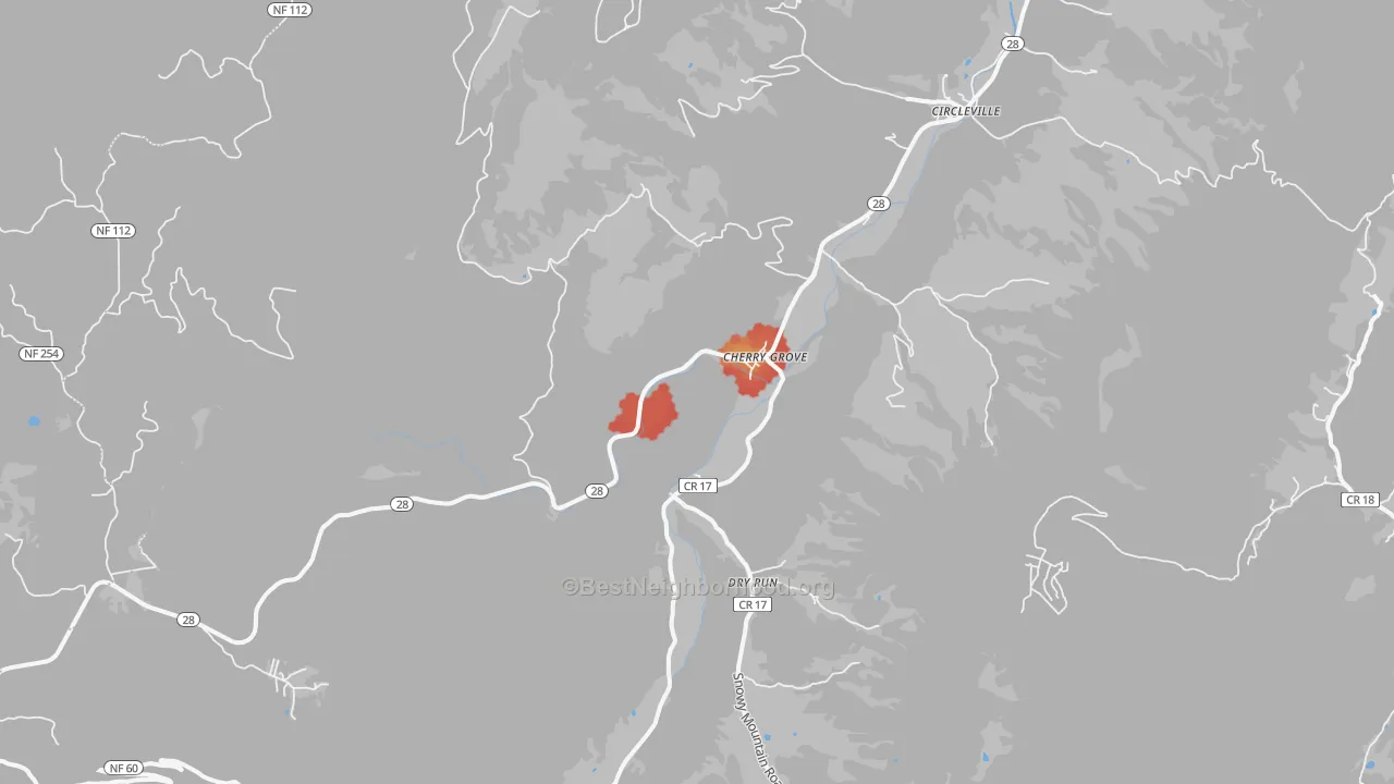 Walk Grade map of 26804, WV, walkable areas in green and car-dependent areas in red