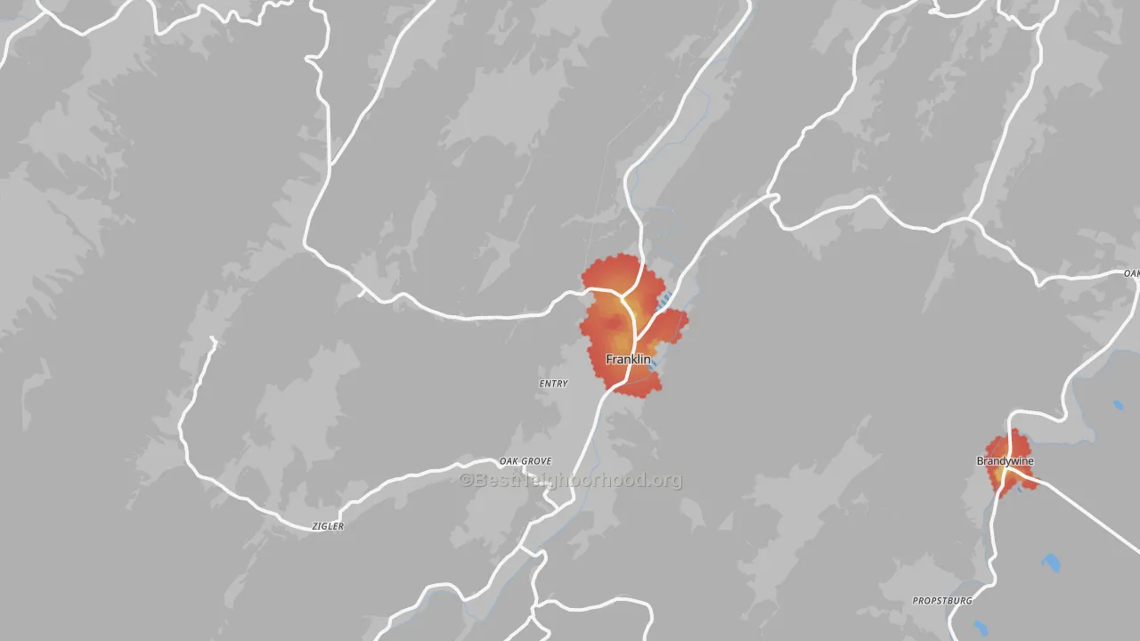 Walk Grade map of 26807, WV, walkable areas in green and car-dependent areas in red