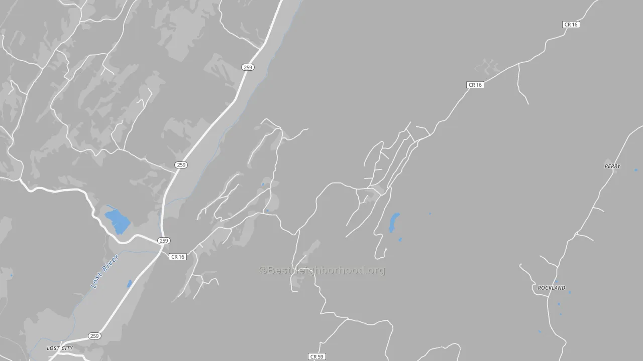 Walk Grade map of 26810, WV, walkable areas in green and car-dependent areas in red