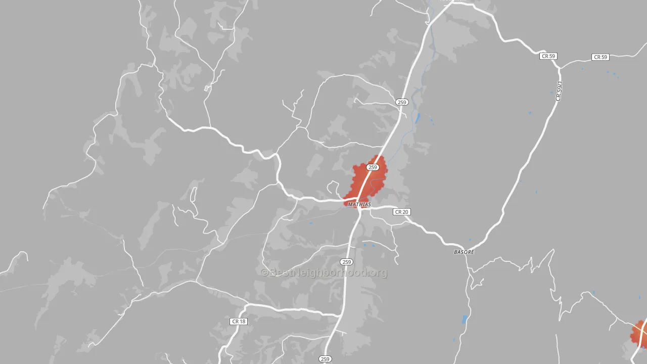 Walk Grade map of 26812, WV, walkable areas in green and car-dependent areas in red