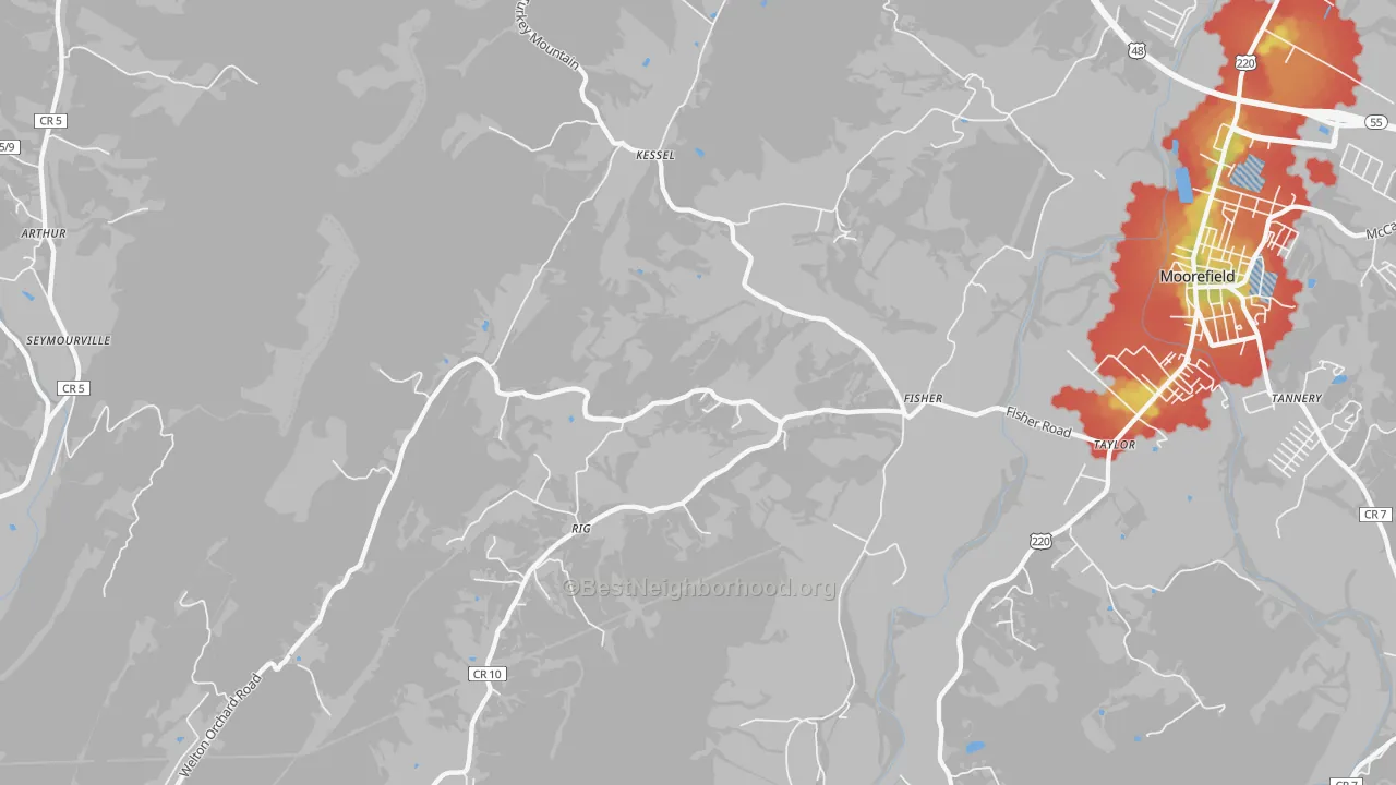 Walk Grade map of 26818, WV, walkable areas in green and car-dependent areas in red