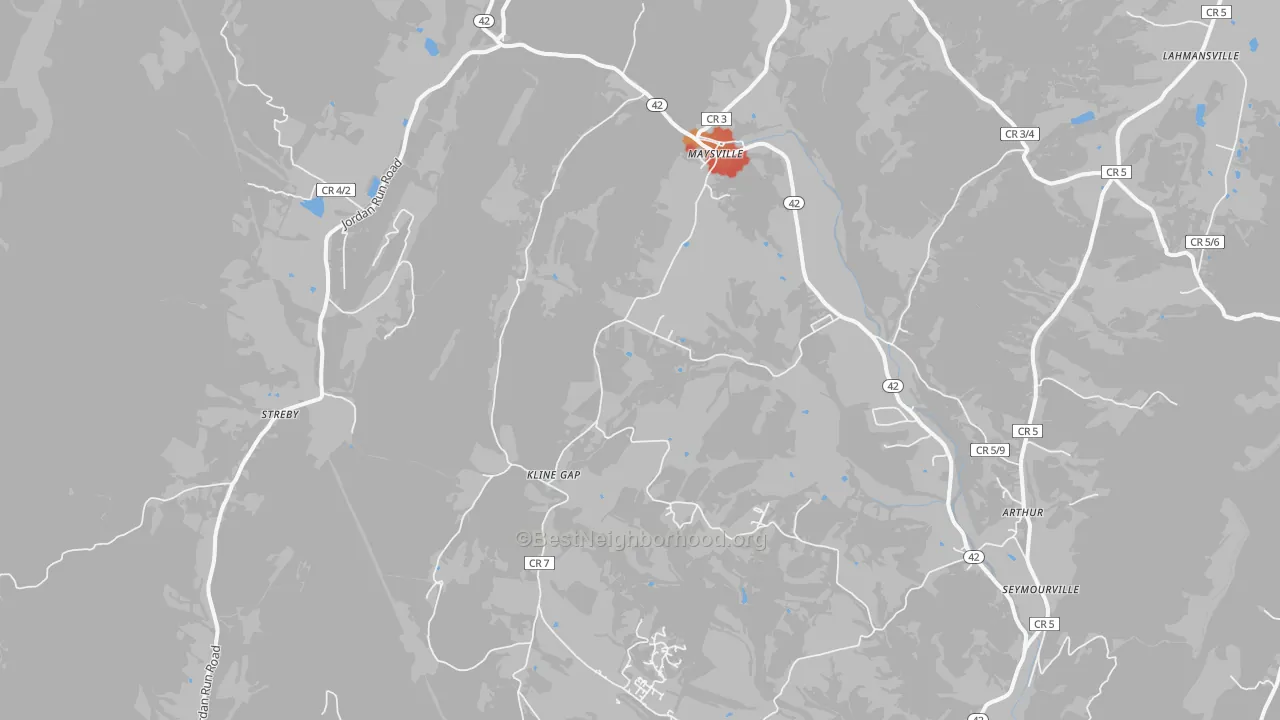 Walk Grade map of 26833, WV, walkable areas in green and car-dependent areas in red