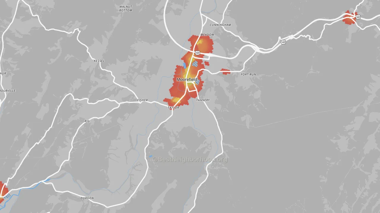 Walk Grade map of 26836, WV, walkable areas in green and car-dependent areas in red