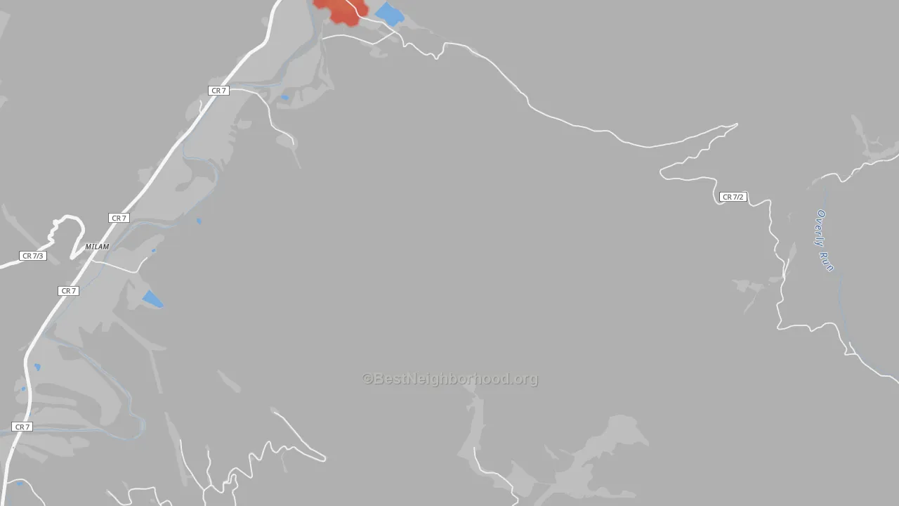 Walk Grade map of 26838, WV, walkable areas in green and car-dependent areas in red
