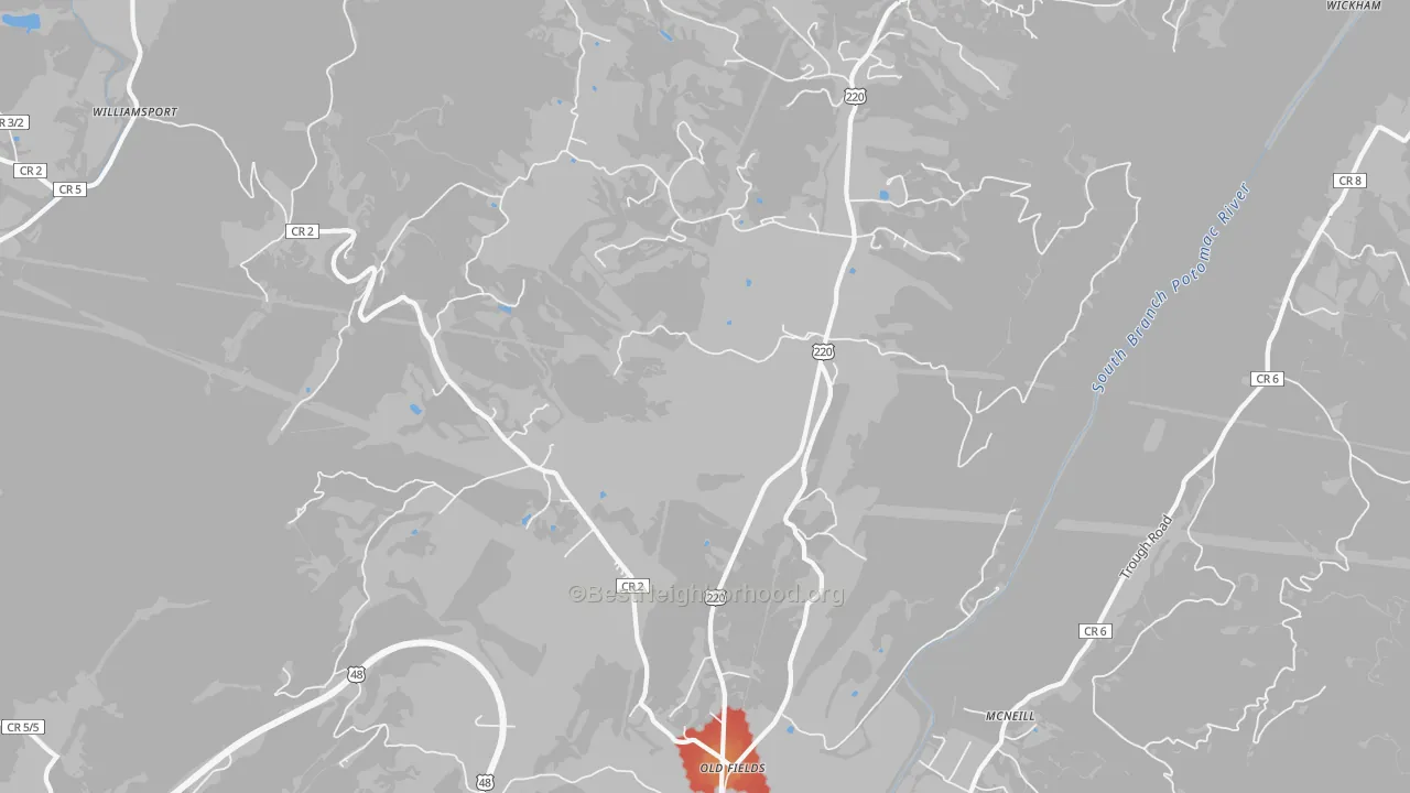 Walk Grade map of 26845, WV, walkable areas in green and car-dependent areas in red