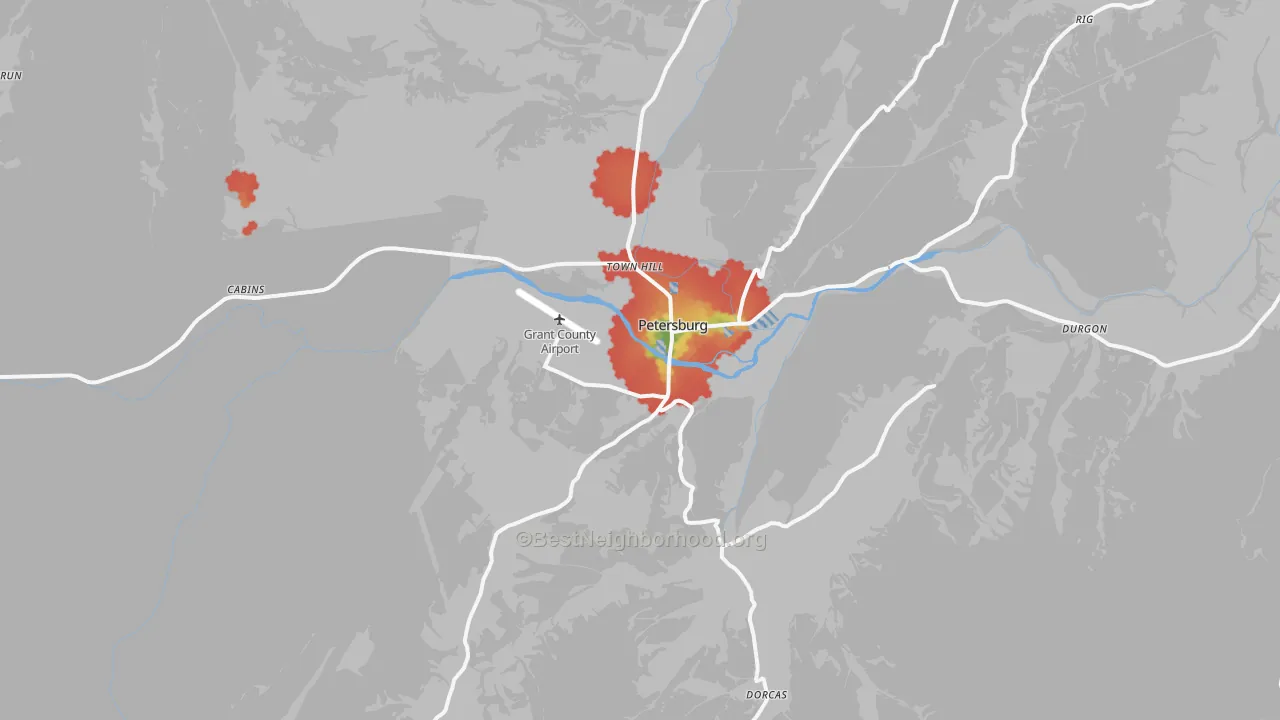 Walk Grade map of 26847, WV, walkable areas in green and car-dependent areas in red