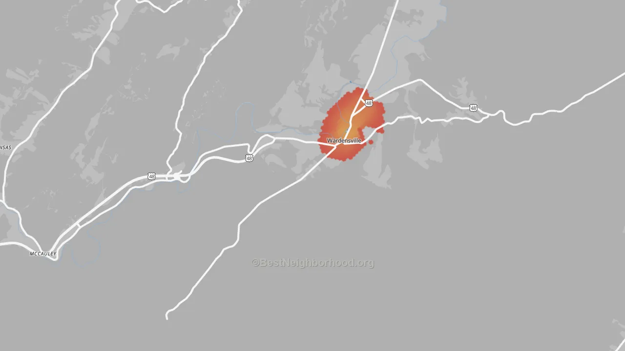 Walk Grade map of 26851, WV, walkable areas in green and car-dependent areas in red
