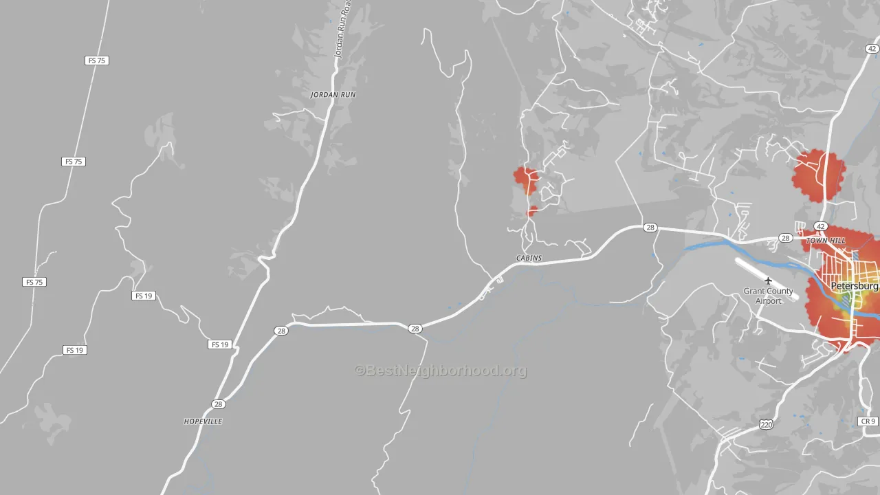 Walk Grade map of 26855, WV, walkable areas in green and car-dependent areas in red