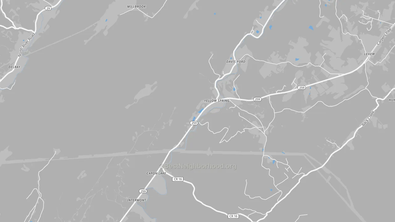 Walk Grade map of 26865, WV, walkable areas in green and car-dependent areas in red