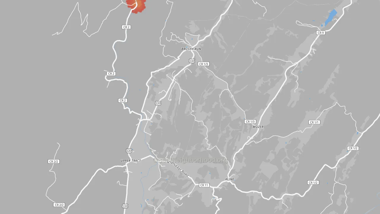 Walk Grade map of 26866, WV, walkable areas in green and car-dependent areas in red