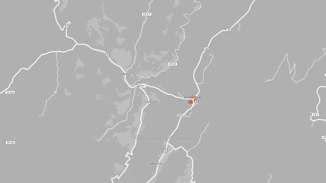 Walk Grade map of 26884, WV, walkable areas in green and car-dependent areas in red