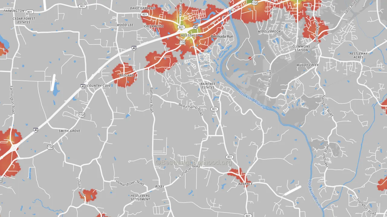 Walk Grade map of 27006, NC, walkable areas in green and car-dependent areas in red