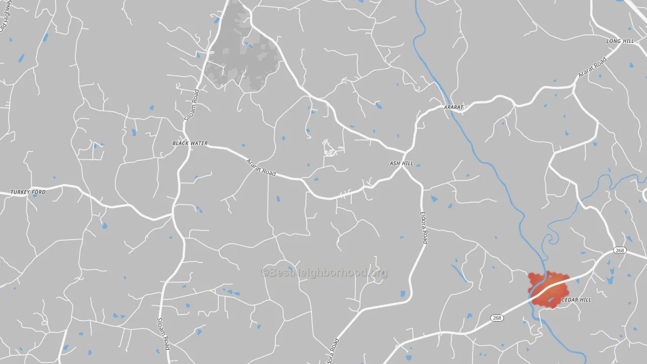Walk Grade map of 27007, NC, walkable areas in green and car-dependent areas in red