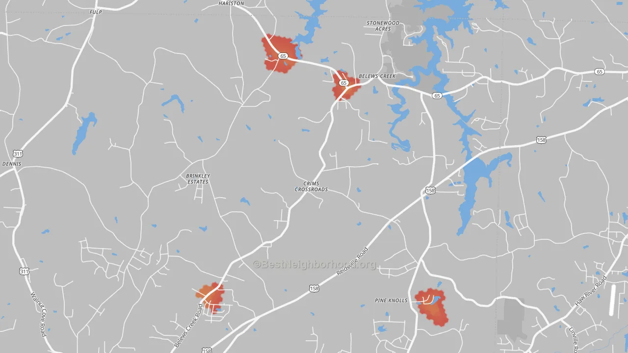 Walk Grade map of 27009, NC, walkable areas in green and car-dependent areas in red