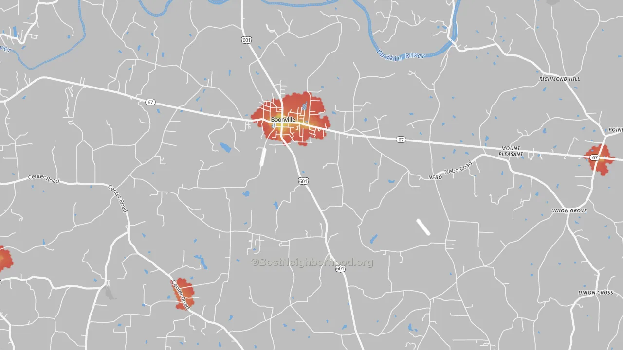 Walk Grade map of 27011, NC, walkable areas in green and car-dependent areas in red