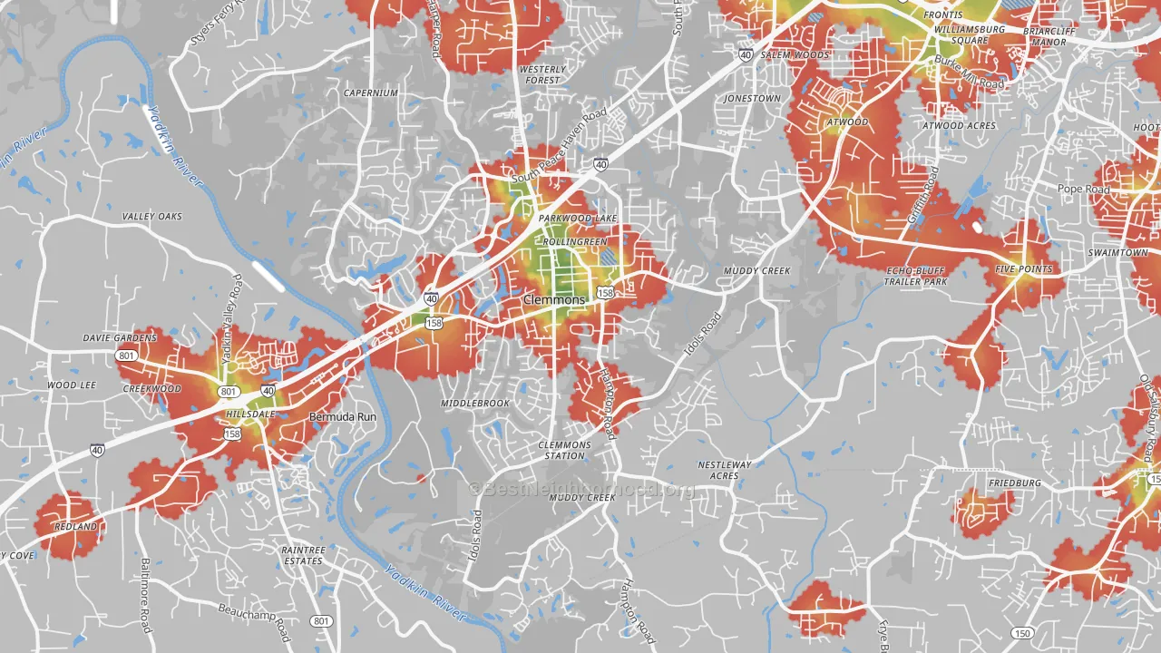 Walk Grade map of 27012, NC, walkable areas in green and car-dependent areas in red