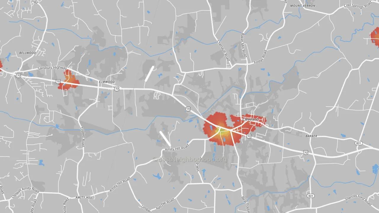 Walk Grade map of 27013, NC, walkable areas in green and car-dependent areas in red