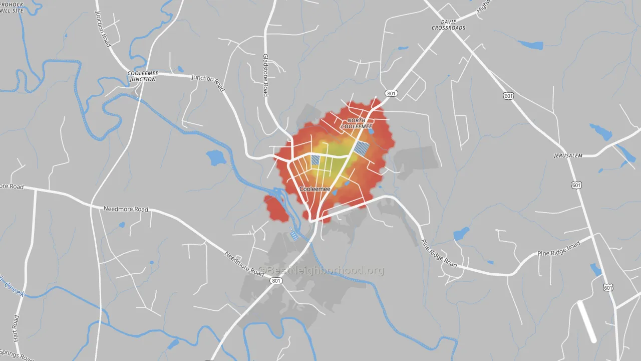 Walk Grade map of 27014, NC, walkable areas in green and car-dependent areas in red