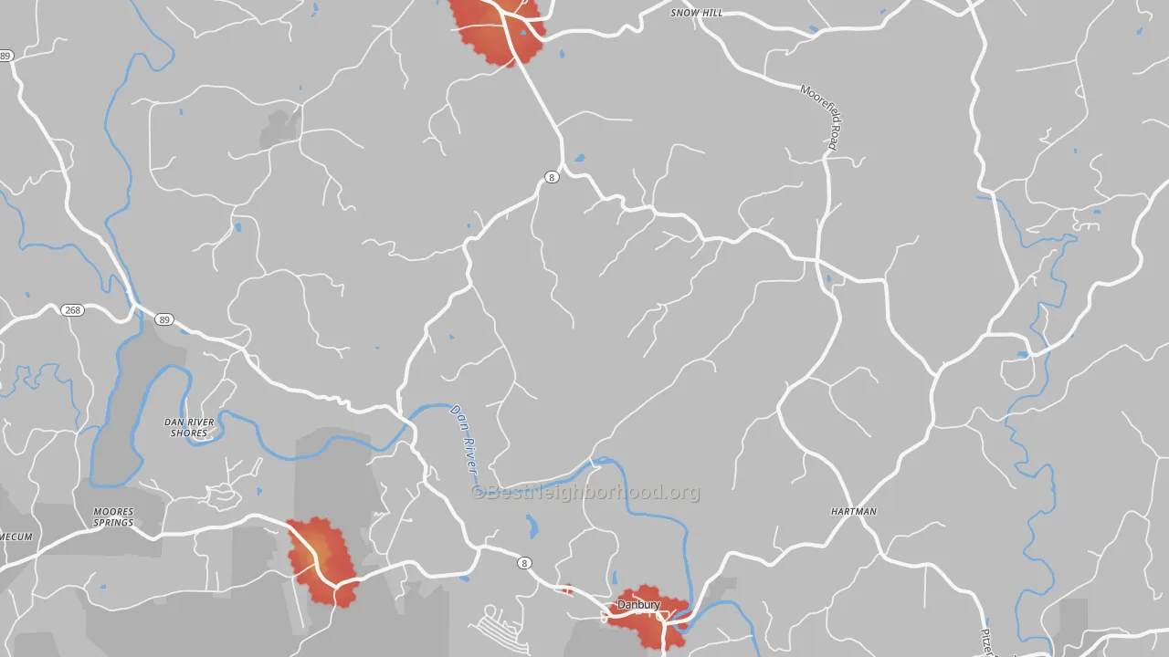 Walk Grade map of 27016, NC, walkable areas in green and car-dependent areas in red