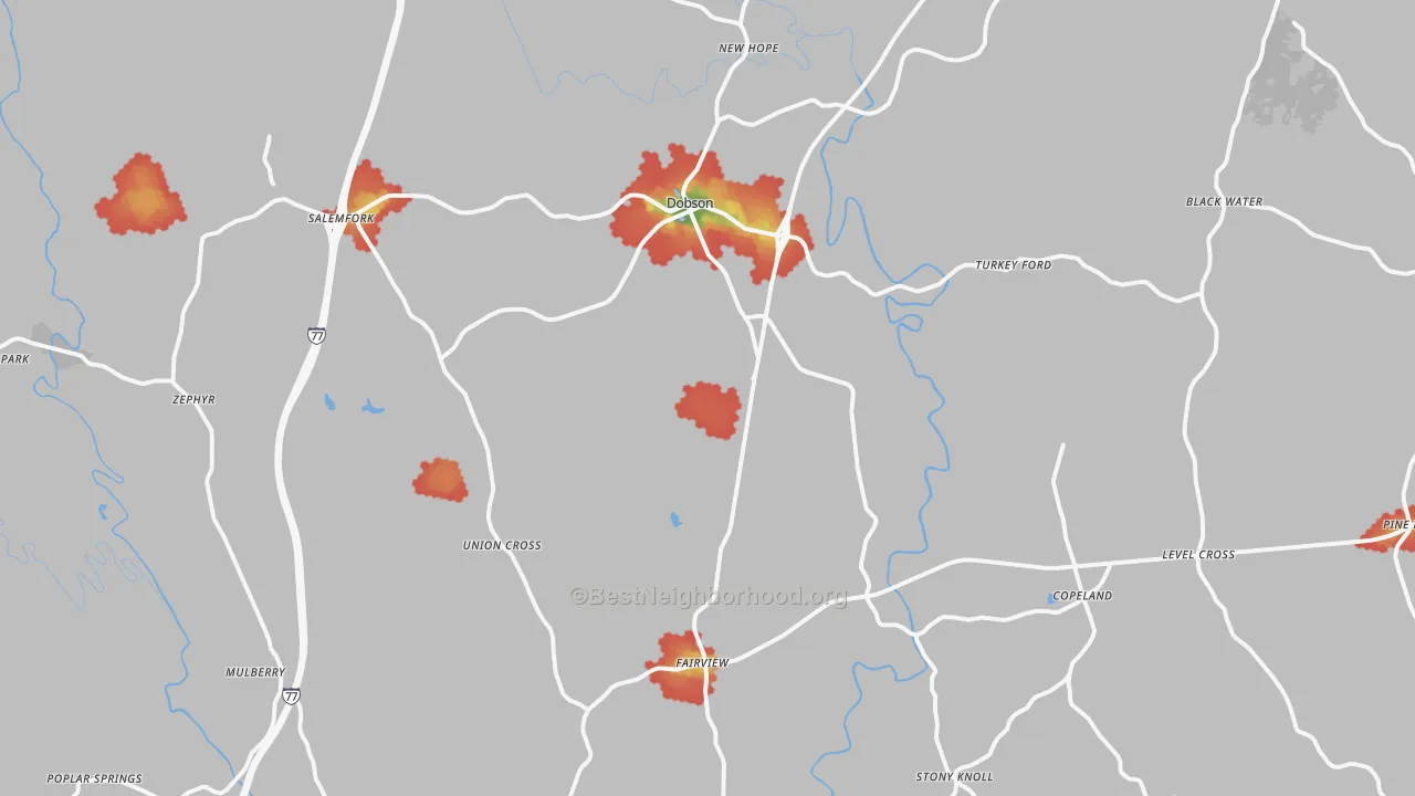 Walk Grade map of 27017, NC, walkable areas in green and car-dependent areas in red