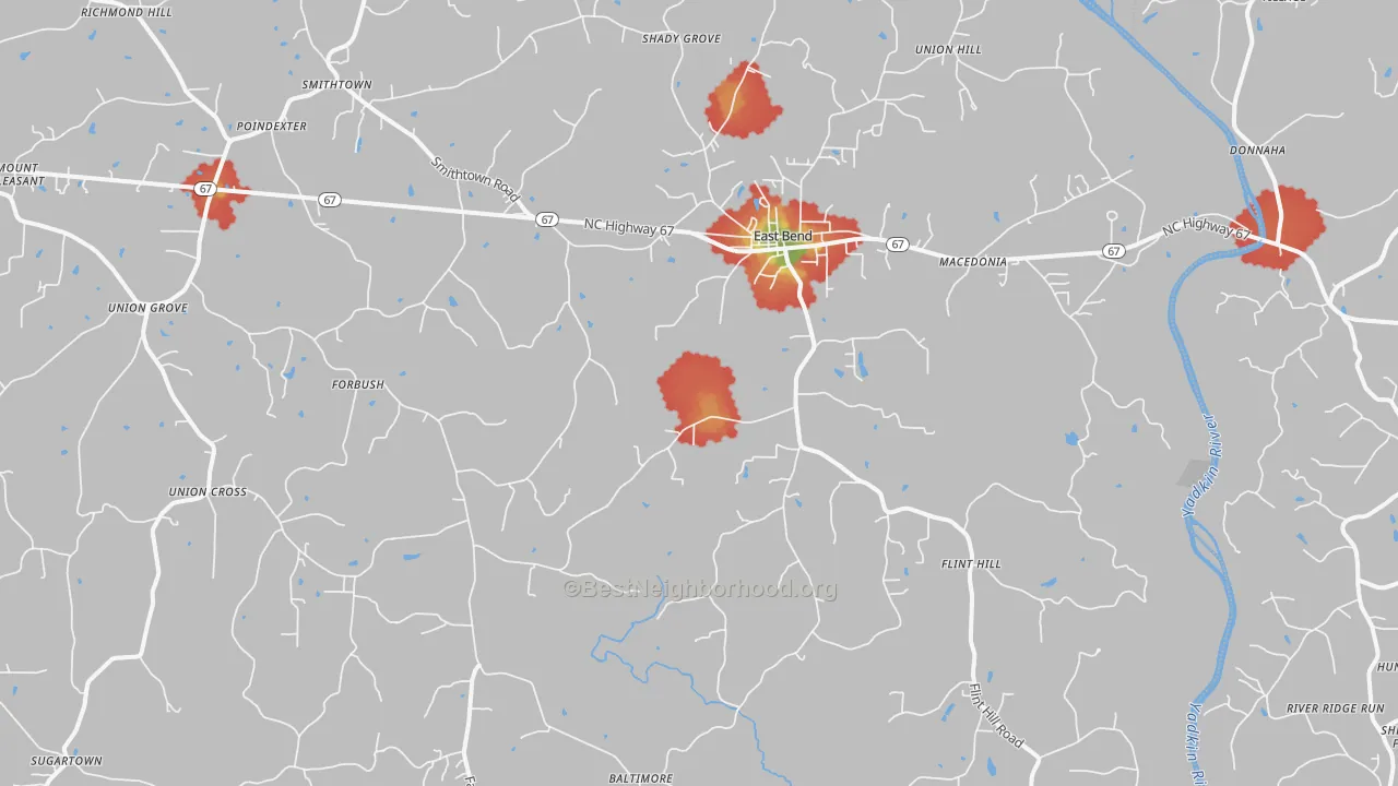 Walk Grade map of 27018, NC, walkable areas in green and car-dependent areas in red