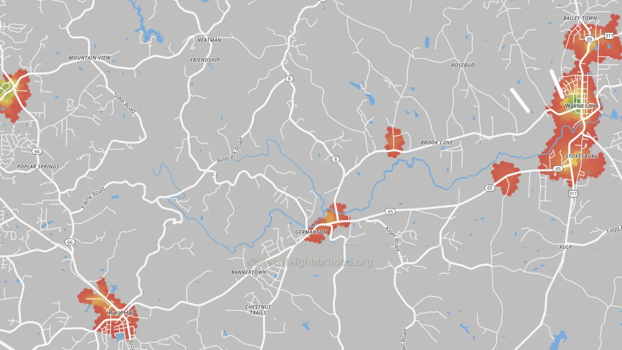 Walk Grade map of 27019, NC, walkable areas in green and car-dependent areas in red