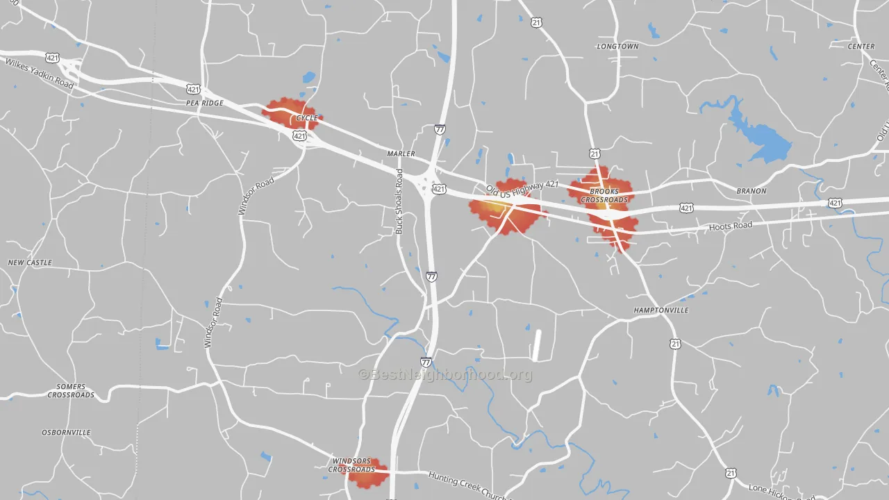 Walk Grade map of 27020, NC, walkable areas in green and car-dependent areas in red