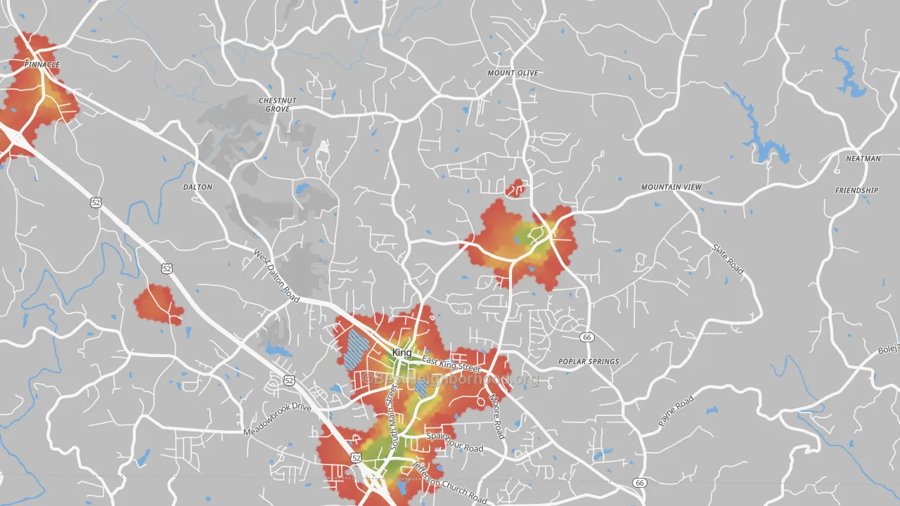 Walk Grade map of 27021, NC, walkable areas in green and car-dependent areas in red