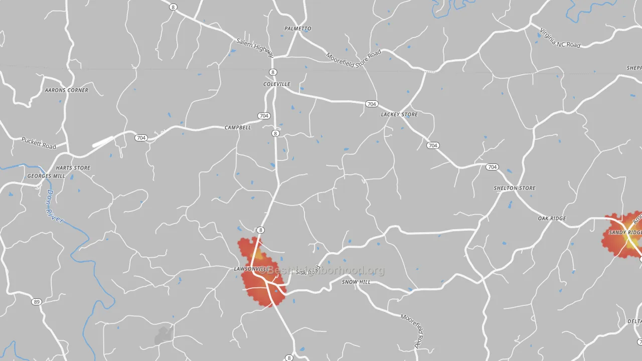 Walk Grade map of 27022, NC, walkable areas in green and car-dependent areas in red