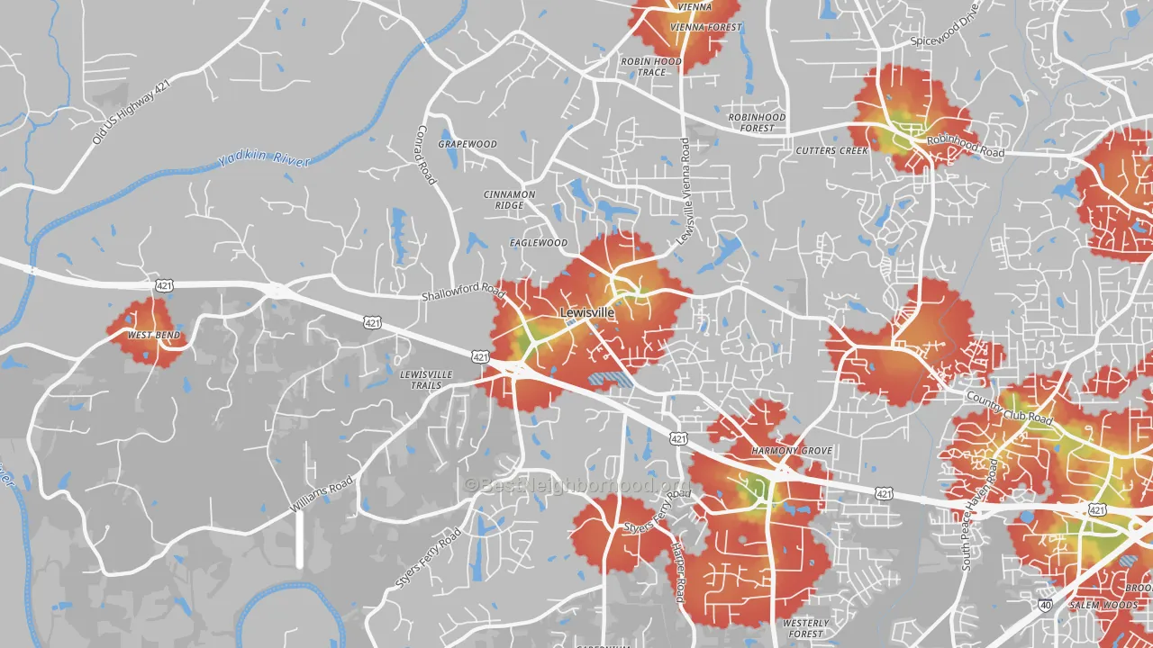 Walk Grade map of 27023, NC, walkable areas in green and car-dependent areas in red