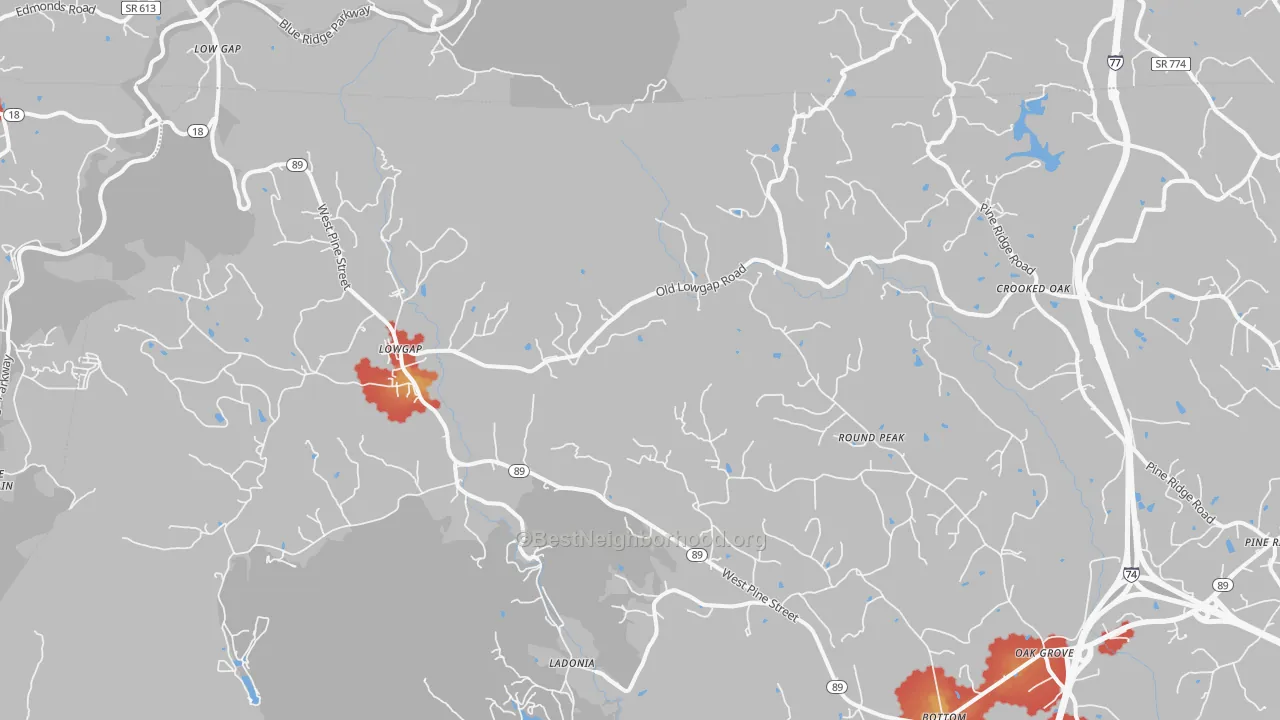 Walk Grade map of 27024, NC, walkable areas in green and car-dependent areas in red