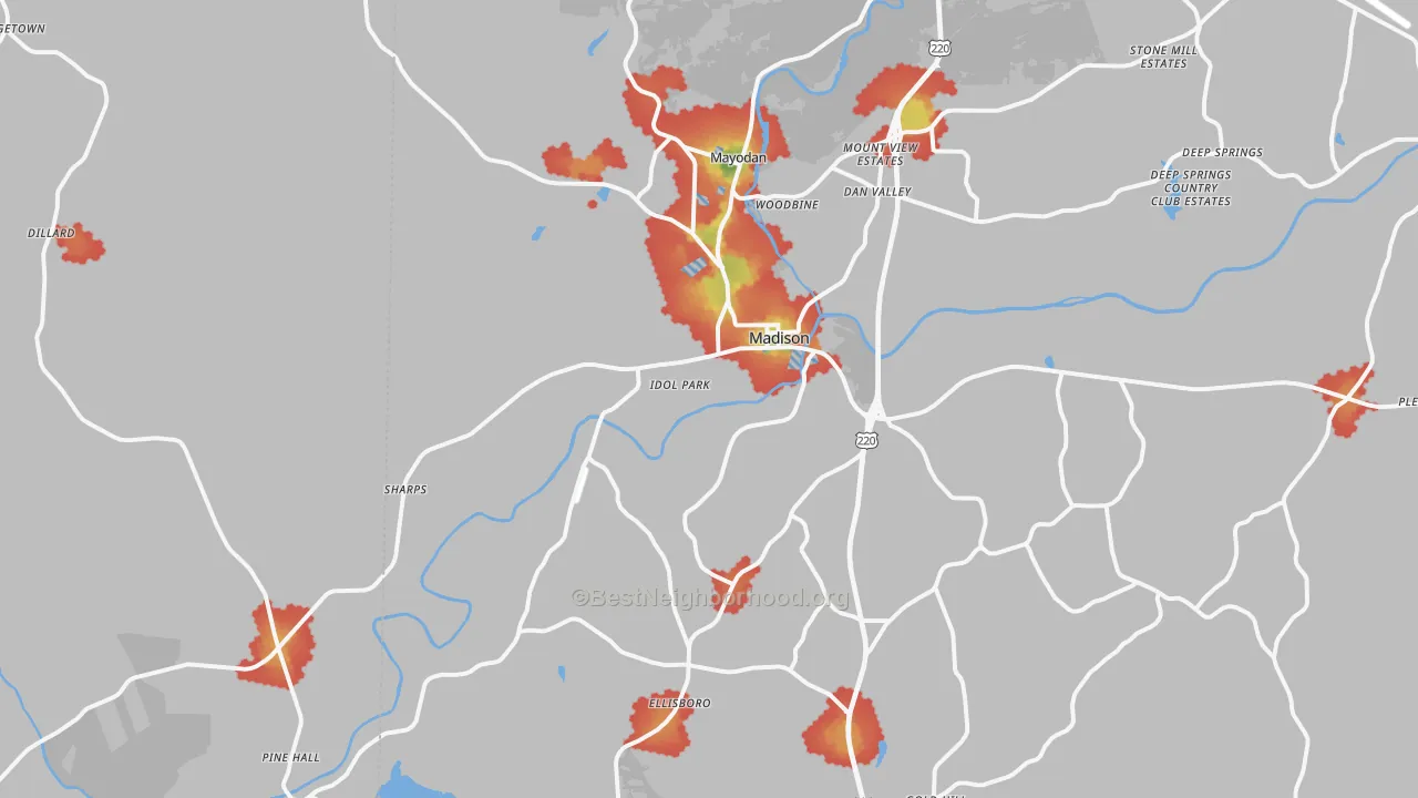 Walk Grade map of 27025, NC, walkable areas in green and car-dependent areas in red