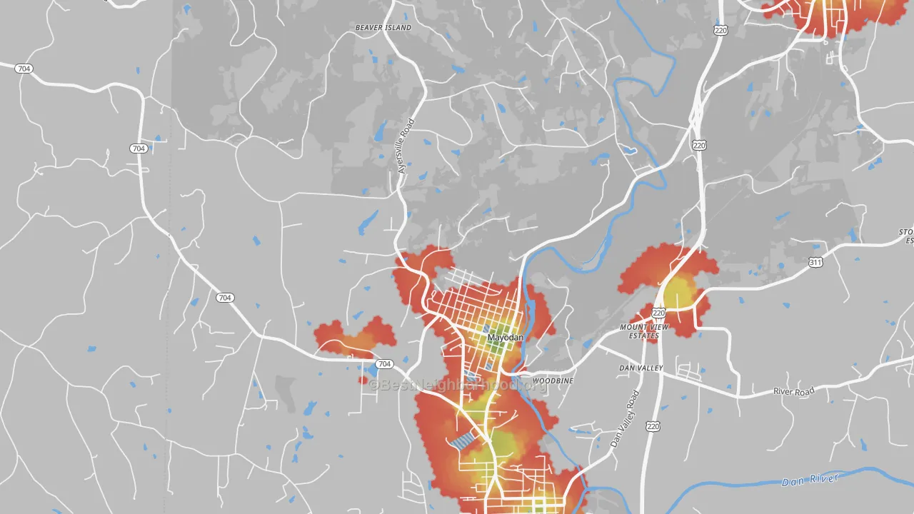 Walk Grade map of 27027, NC, walkable areas in green and car-dependent areas in red