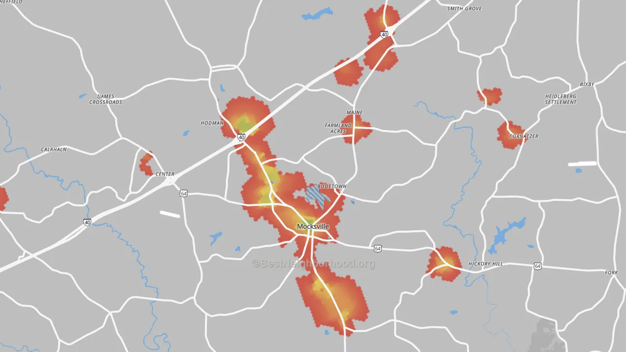 Walk Grade map of 27028, NC, walkable areas in green and car-dependent areas in red